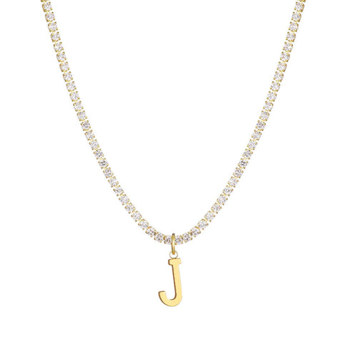 14k Gold Plated Tennis Necklace with Initial Charm