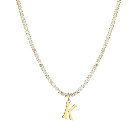 14k Gold Plated Tennis Necklace with Initial Charm
