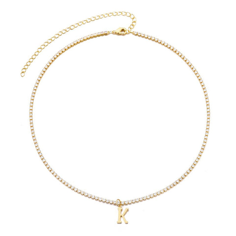 14k Gold Plated Tennis Necklace with Initial Charm