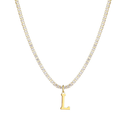 14k Gold Plated Tennis Necklace with Initial Charm