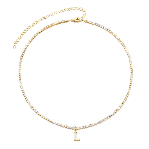 14k Gold Plated Tennis Necklace with Initial Charm