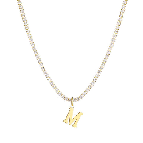 14k Gold Plated Tennis Necklace with Initial Charm