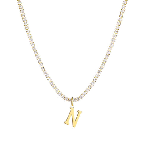 14k Gold Plated Tennis Necklace with Initial Charm