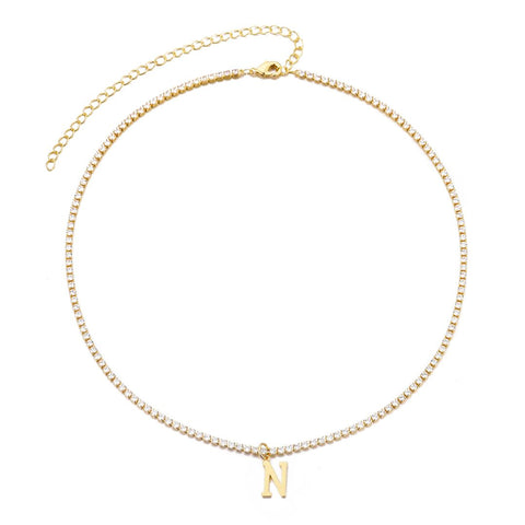 14k Gold Plated Tennis Necklace with Initial Charm