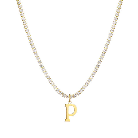 14k Gold Plated Tennis Necklace with Initial Charm