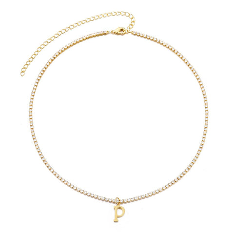 14k Gold Plated Tennis Necklace with Initial Charm