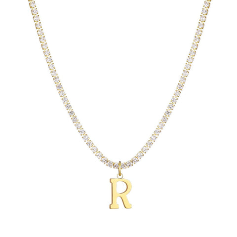 14k Gold Plated Tennis Necklace with Initial Charm