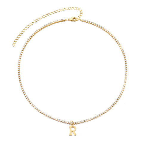 14k Gold Plated Tennis Necklace with Initial Charm