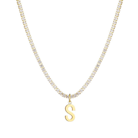 14k Gold Plated Tennis Necklace with Initial Charm