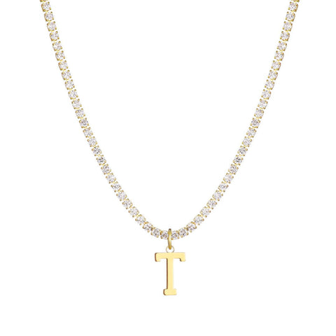 14k Gold Plated Tennis Necklace with Initial Charm