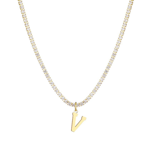 14k Gold Plated Tennis Necklace with Initial Charm