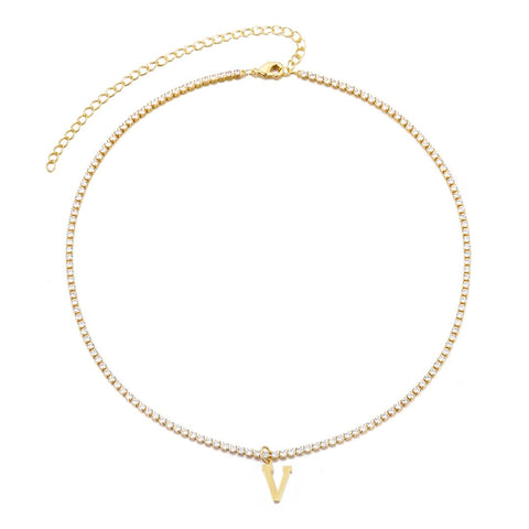 14k Gold Plated Tennis Necklace with Initial Charm