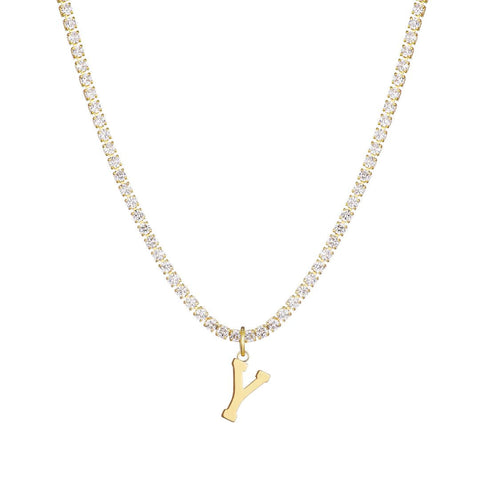 14k Gold Plated Tennis Necklace with Initial Charm