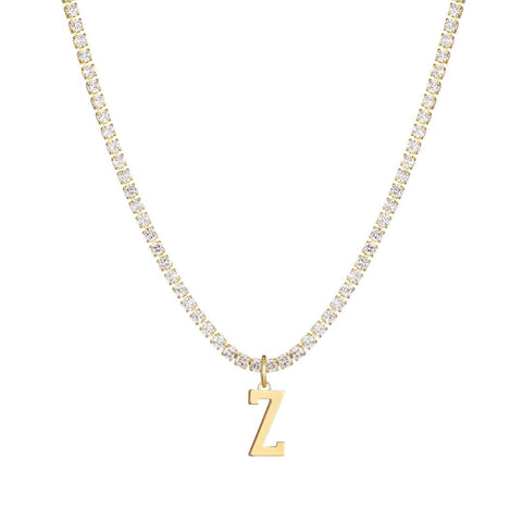 14k Gold Plated Tennis Necklace with Initial Charm