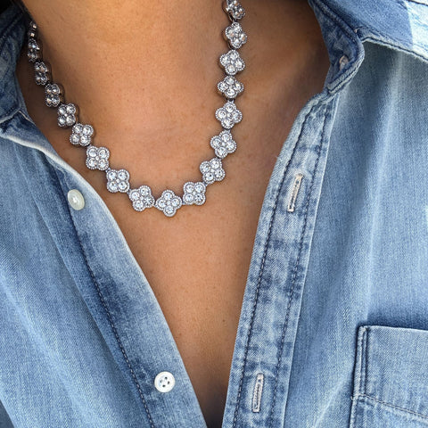 Silver Plated Crystal Clover Link Chain Necklace