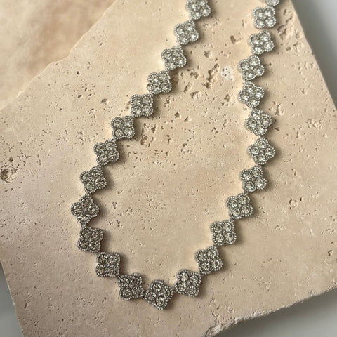 Silver Plated Crystal Clover Link Chain Necklace