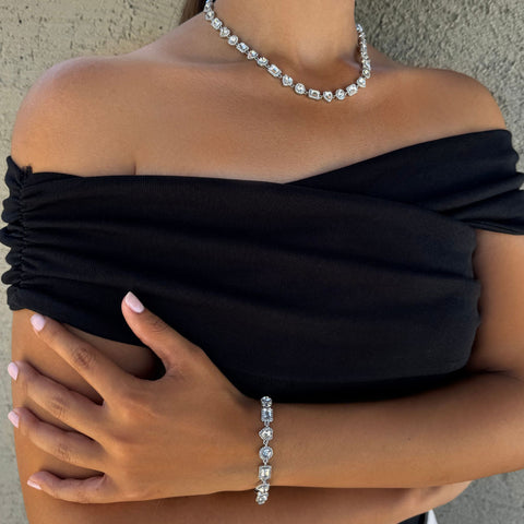 Silver Plated Crystal Halo Heart Chain Necklace