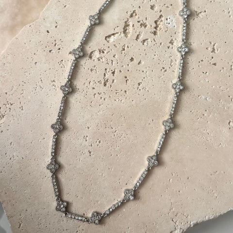 Silver Plated Crystal Clover Tennis Necklace