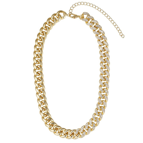 14k Gold Plated Half Crystal Curb Chain Necklace