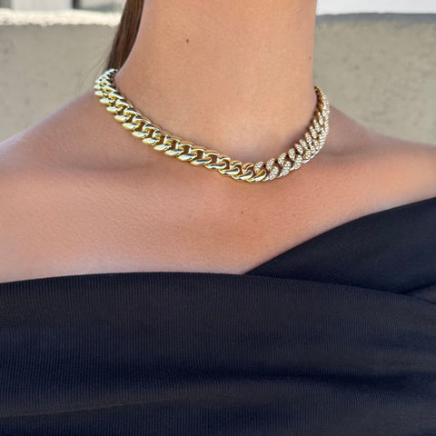 14k Gold Plated Half Crystal Curb Chain Necklace