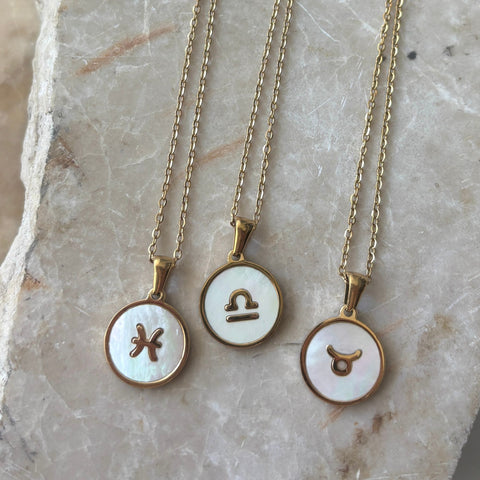 Tarnish Resistant 18k Gold Plated Mother of Pearl Zodiac Necklace