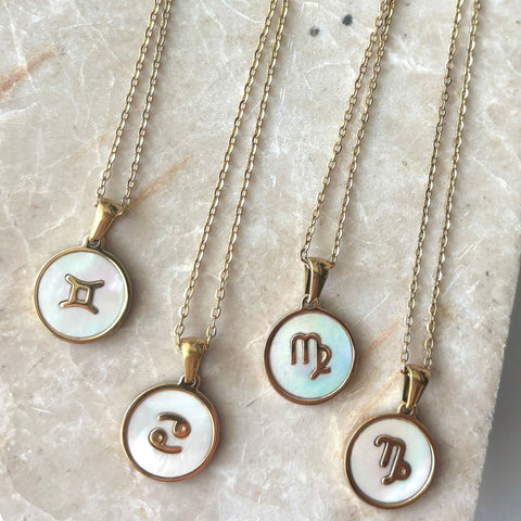Tarnish Resistant 18k Gold Plated Mother of Pearl Zodiac Necklace