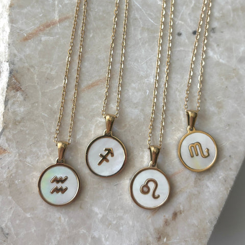 Tarnish Resistant 18k Gold Plated Mother of Pearl Zodiac Necklace