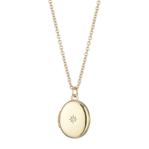 14k Gold Plated Oval Locket with CZ Starburst Necklace