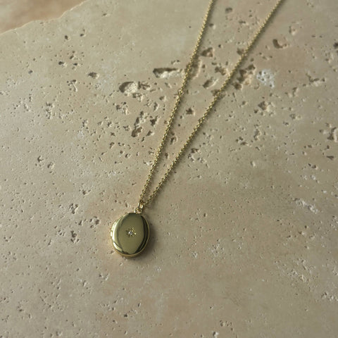 14k Gold Plated Oval Locket with CZ Starburst Necklace