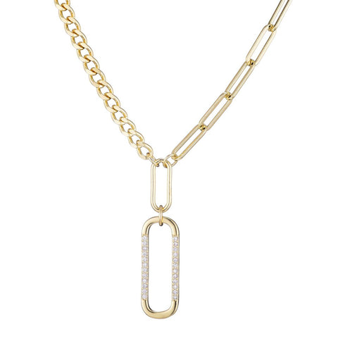 14k Gold Plated Mixed Chain CZ Oval Pendant Necklace