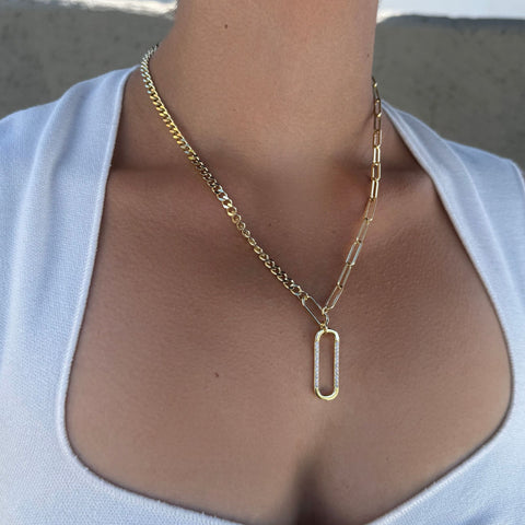 14k Gold Plated Mixed Chain CZ Oval Pendant Necklace