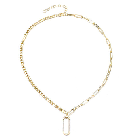 14k Gold Plated Mixed Chain CZ Oval Pendant Necklace