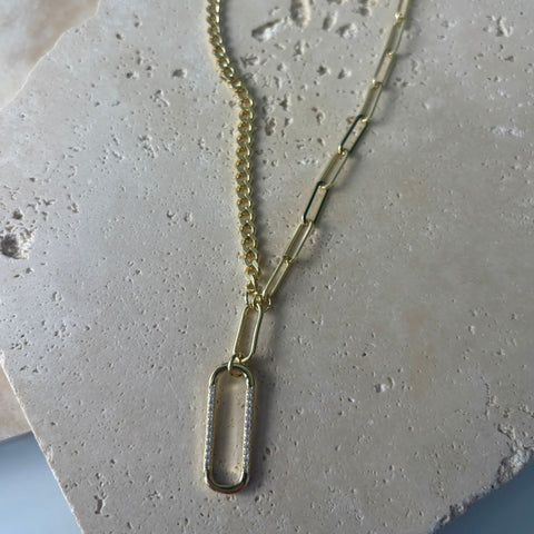 14k Gold Plated Mixed Chain CZ Oval Pendant Necklace