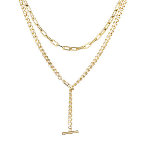 14k Gold Plated Toggle and Paperclip Set of 2 Necklaces