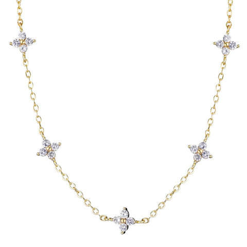 14k Gold Plated CZ Flower Station Necklace
