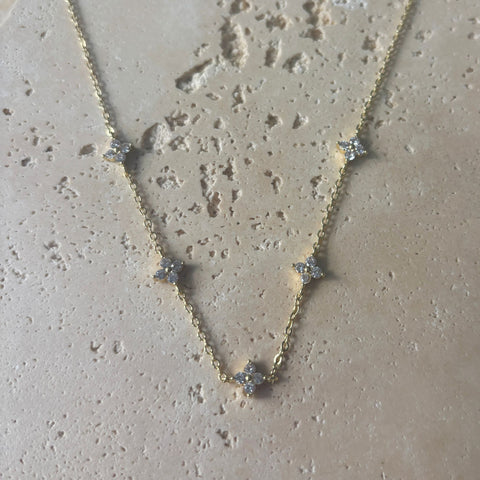 14k Gold Plated CZ Flower Station Necklace