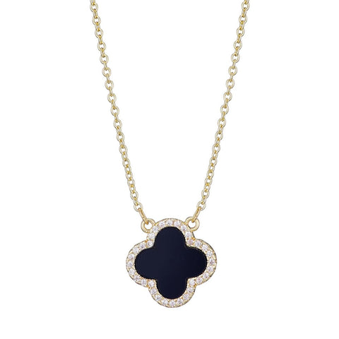 14k Yellow Gold Plated CZ Black Clover Necklace