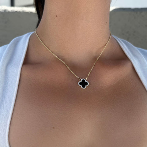 14k Yellow Gold Plated CZ Black Clover Necklace