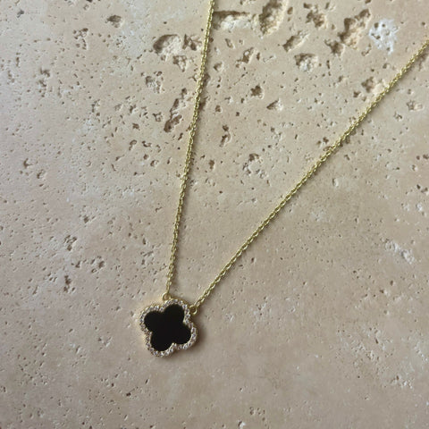 14k Yellow Gold Plated CZ Black Clover Necklace