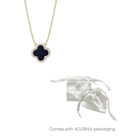 14k Yellow Gold Plated CZ Black Clover Necklace