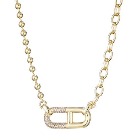 14k Gold Plated Mixed Chain CZ Sideways Pendant Necklace