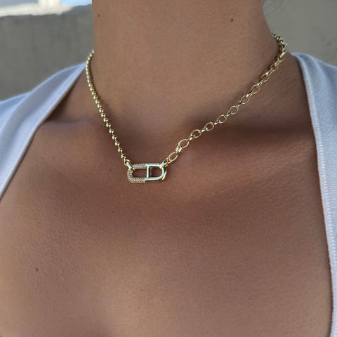14k Gold Plated Mixed Chain CZ Sideways Pendant Necklace
