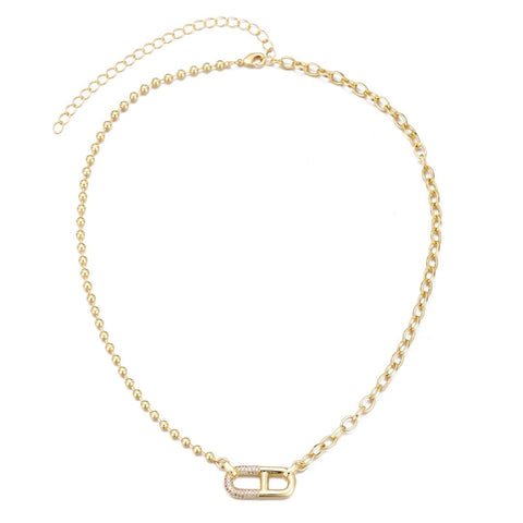 14k Gold Plated Mixed Chain CZ Sideways Pendant Necklace