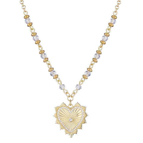 14k Gold Plated CZ Heart Necklace with Rosary Chain