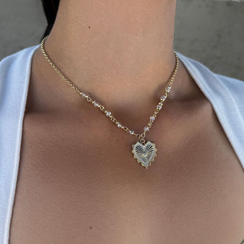 14k Gold Plated CZ Heart Necklace with Rosary Chain