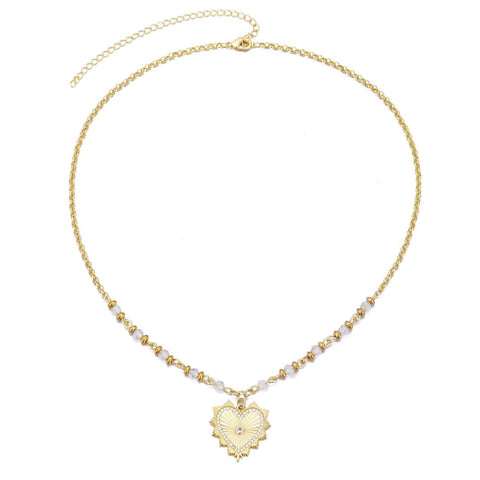 14k Gold Plated CZ Heart Necklace with Rosary Chain