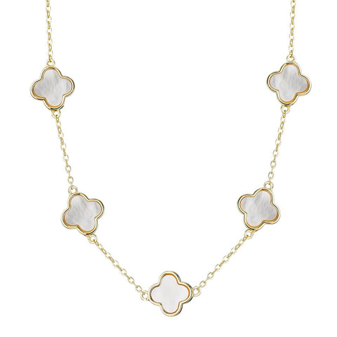 14k Yellow Gold Plated Mother of Pearl Clover Station Necklace