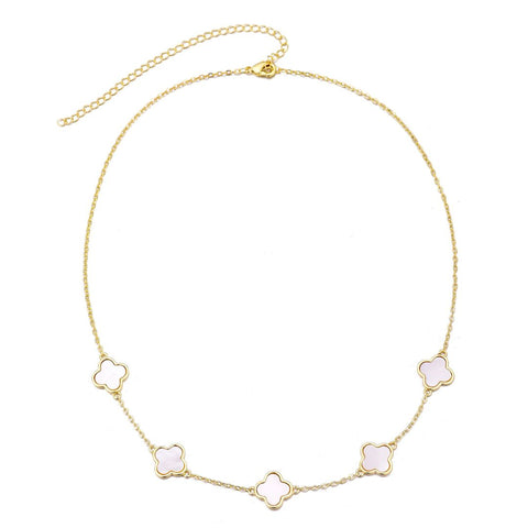 14k Yellow Gold Plated Mother of Pearl Clover Station Necklace