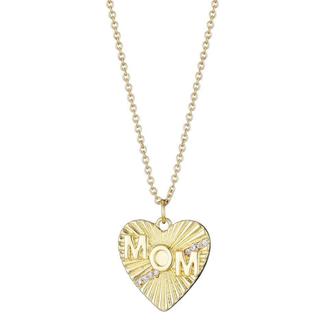 14k Gold Plated CZ Fluted Heart MOM Necklace