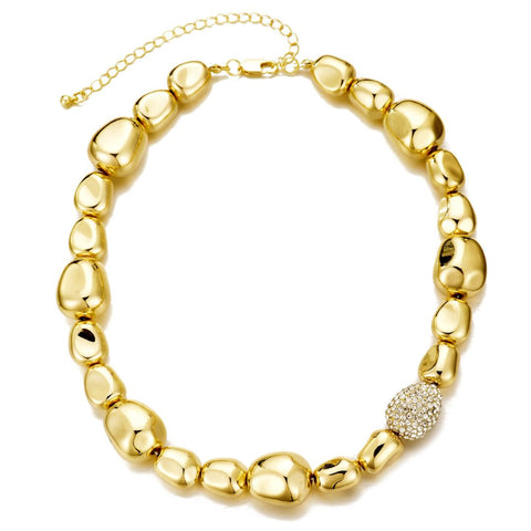 14k Gold Plated Pebbled Gold Necklace with Crystal Centerpiece